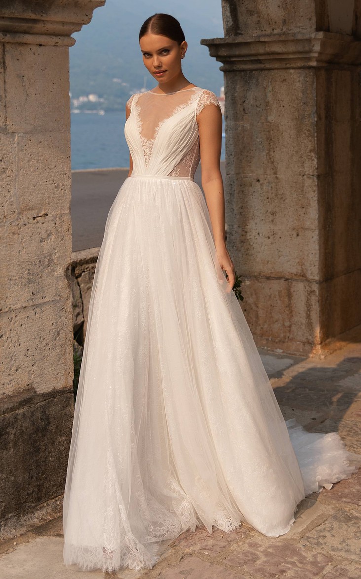 A Line Casual Bateau Neck Tulle Wedding Gown with Ruching