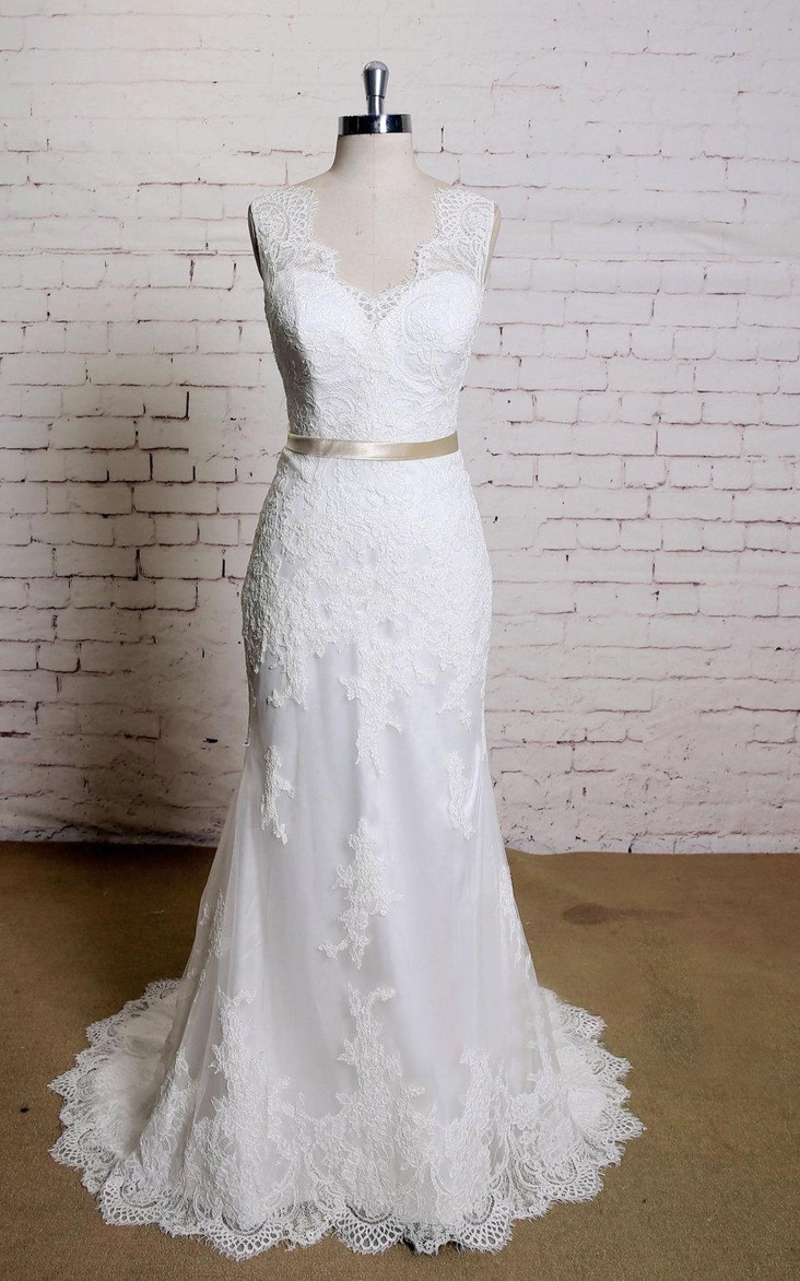 Scoop Neck Cap Sleeve Sheath Lace Wedding Dress With Split Front And Beading Dress Afford 9625