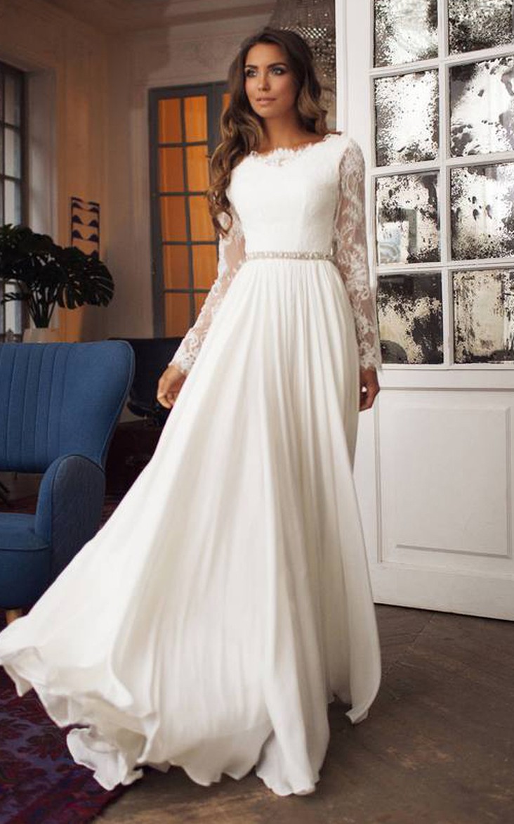 Bateau Taffeta Lace Long Sleeve Sweep 