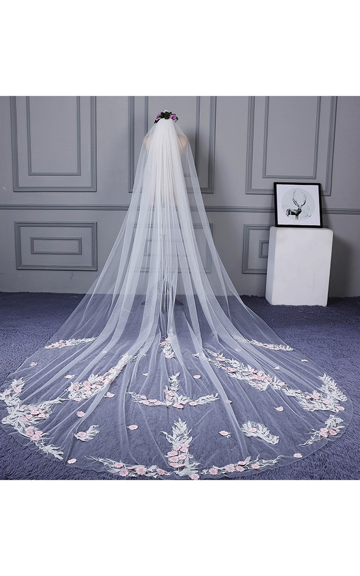 Ethereal Cathedral Wedding Veil with Flower Appliques