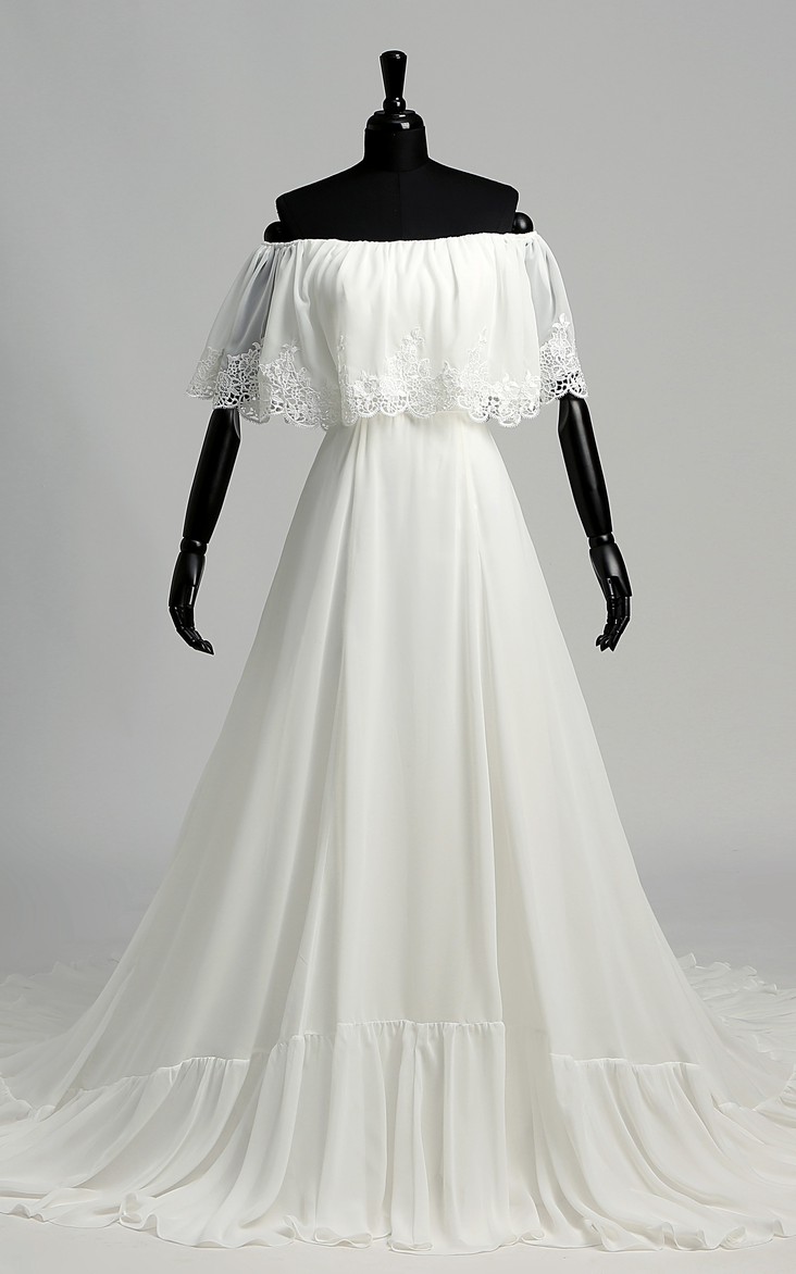 Simple Chiffon A Line High Neck Chapel Train Wedding Dress with Ruching
