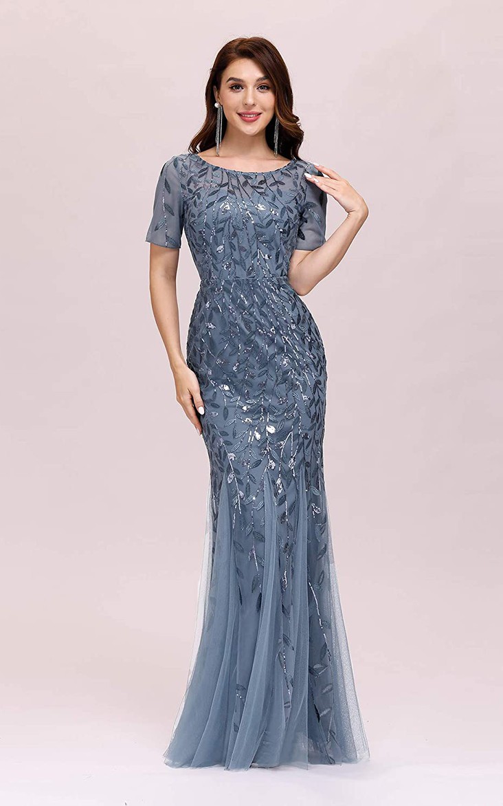 Jewel Tulle Sequins Short Sleeve Floor-length Illusion Formal Dress with Pleats