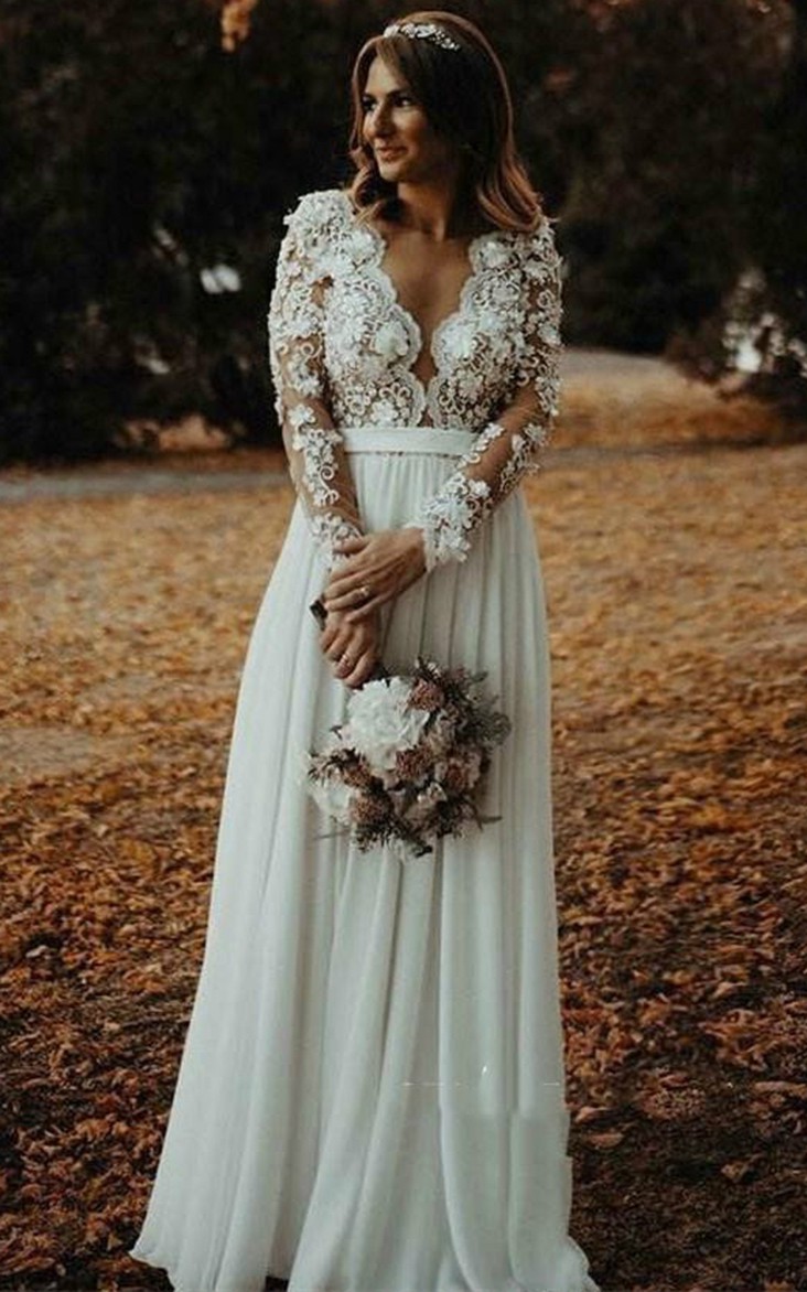 Gorgeous Plunging Neckline A Line Chiffon Wedding Dress with Split Front