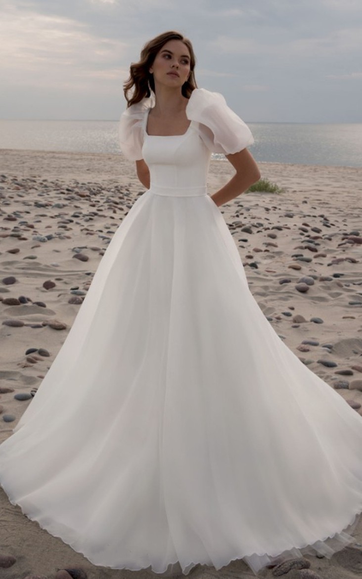 Ethereal Chiffon A Line Scoop Court Train Wedding Dress with Ruching