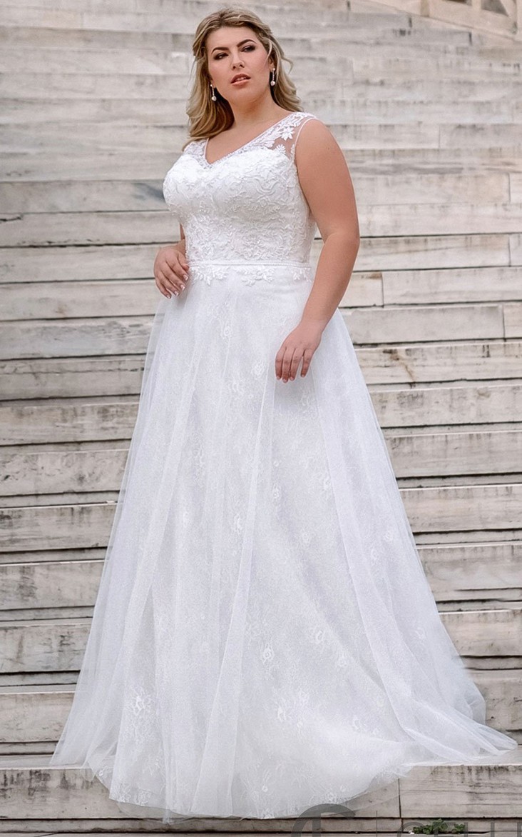 Ethereal A Line Lace Floor-length Sleeveless Wedding Dress with Appliques