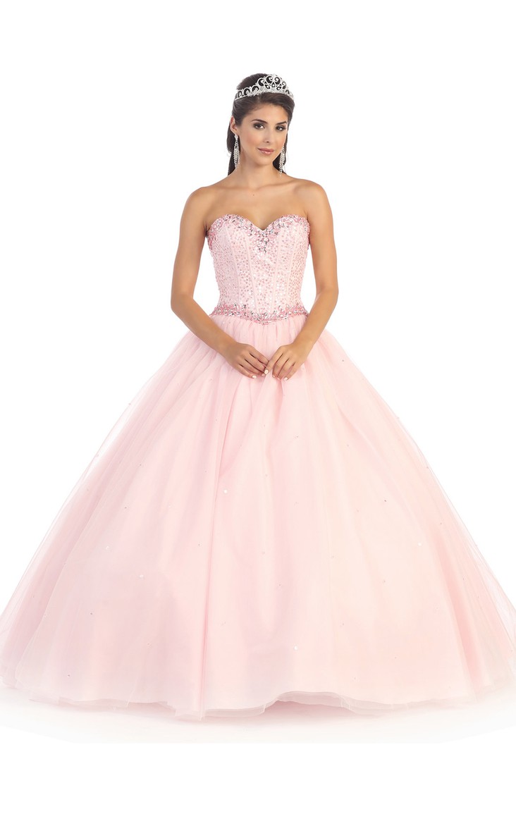 Long Jeweled Sweetheart Strapless Tulle Sleeveless Ball Gown