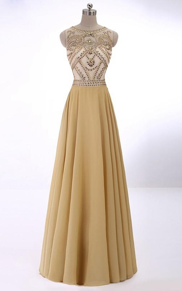 A-line Sleeveless Scoop Crystal Chiffon Floor-Length Dresses