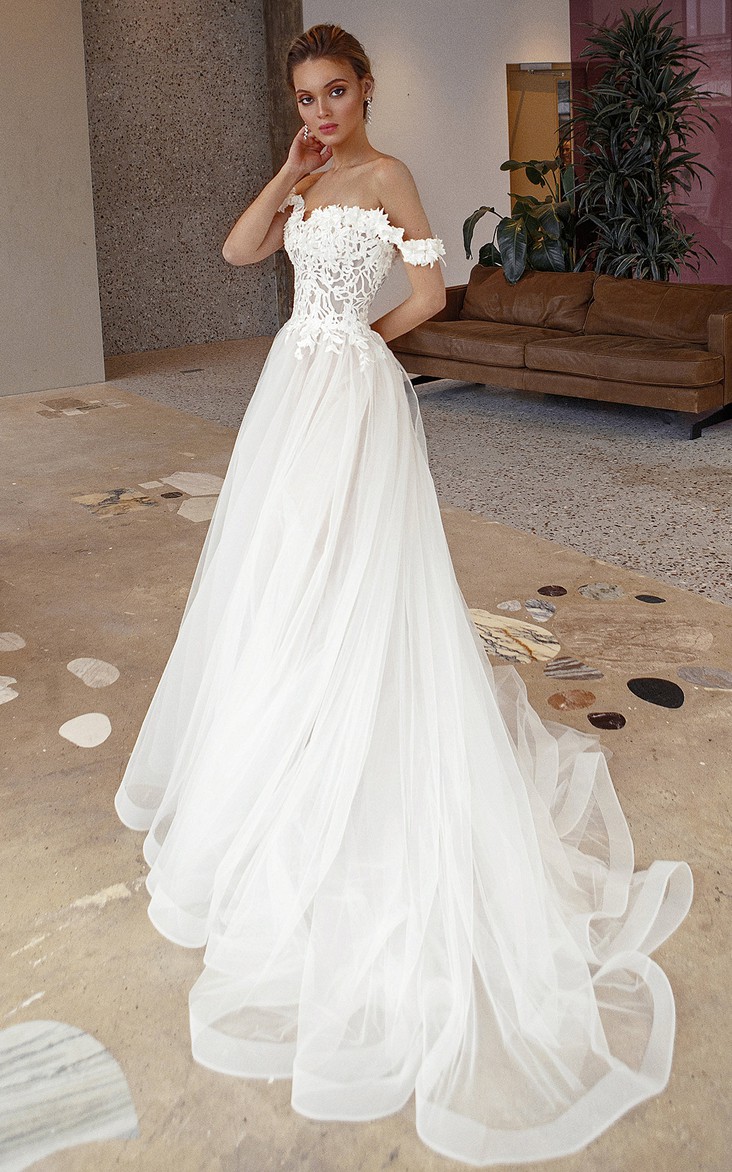 Simple A Line Off-the-shoulder Lace Chapel Train Wedding Dress with Appliques
