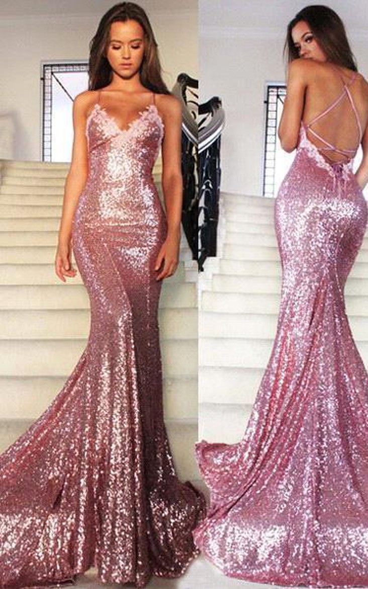 Formal Trumpet Spaghetti Party Sequined Glamorous Gown