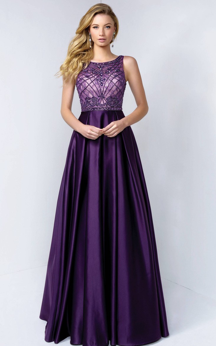 Scoop-neck Sleeveless Satin A-line Prom Dress With Beading And Low-V Back