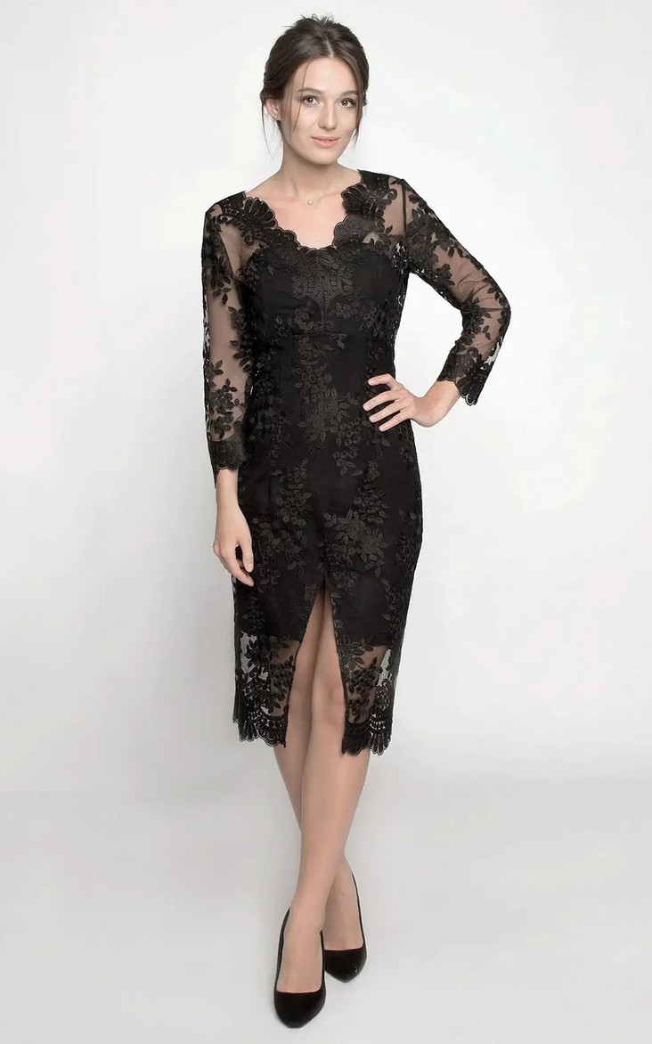 Modern Pencil Knee-length 3/4 Length Sleeve Lace Guest Dress with Split Front
