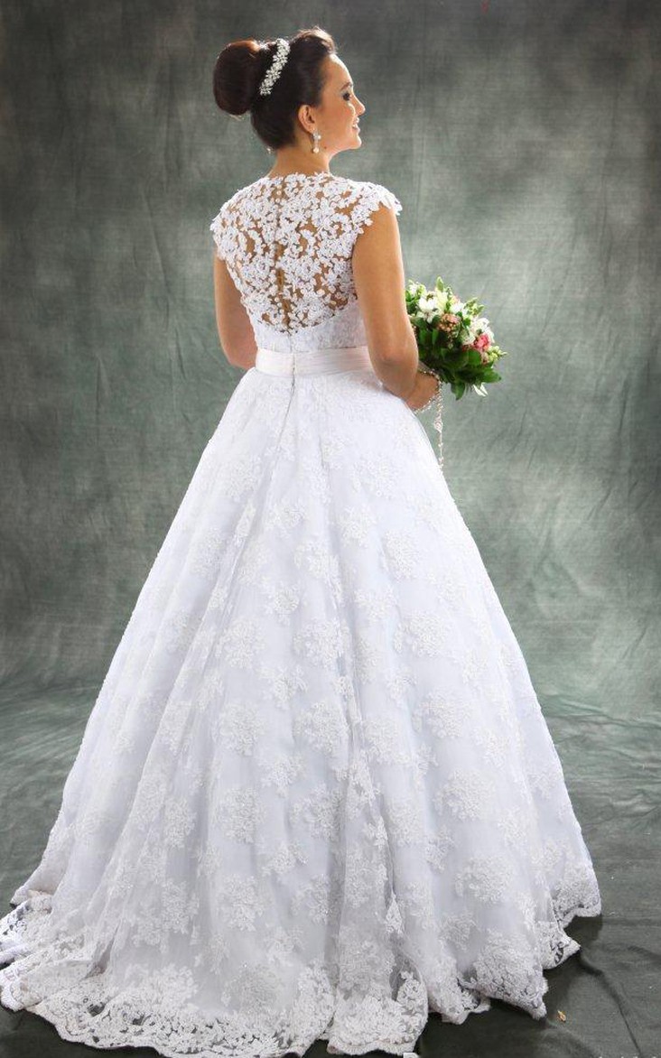 High Neck Lace Cap Short Sleeve Wedding Gown