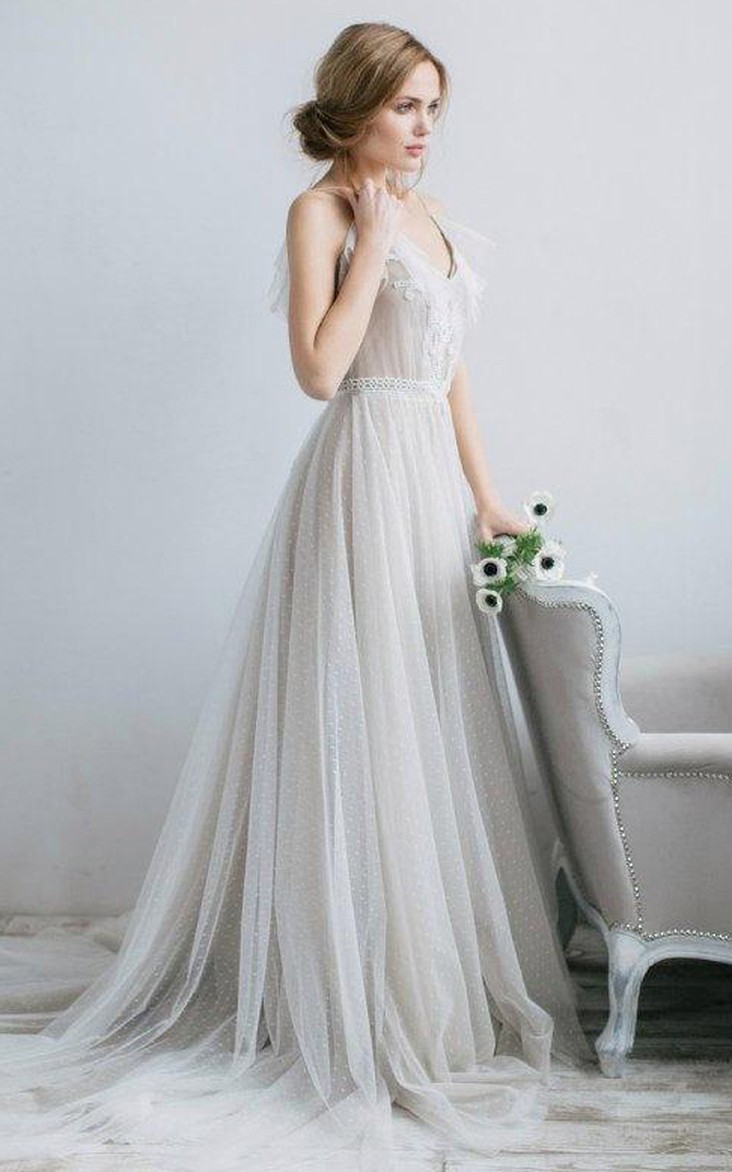 Tulle Pleated V-Neckline A-Line Illusion Gown