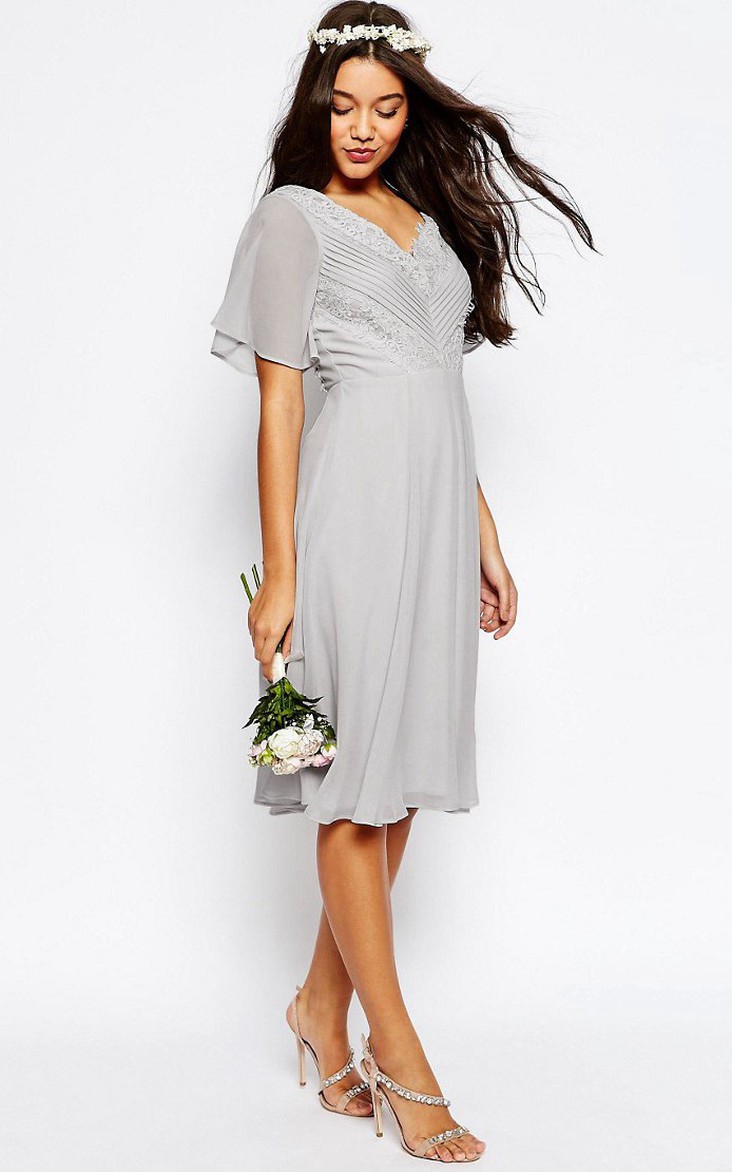 V-neck Poet-sleeve Chiffon midi Dress With Ruching And Lace