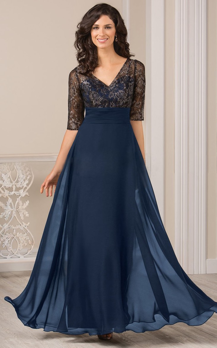 V-neck Half Sleeve Chiffon Mother of the Bride Dress With Illusion Lace top
