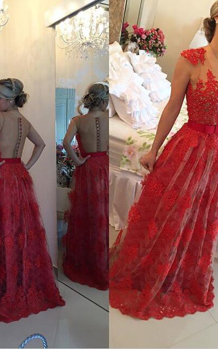 Sexy Red Pearls Lace Evening Dress Sheer Floor-Length