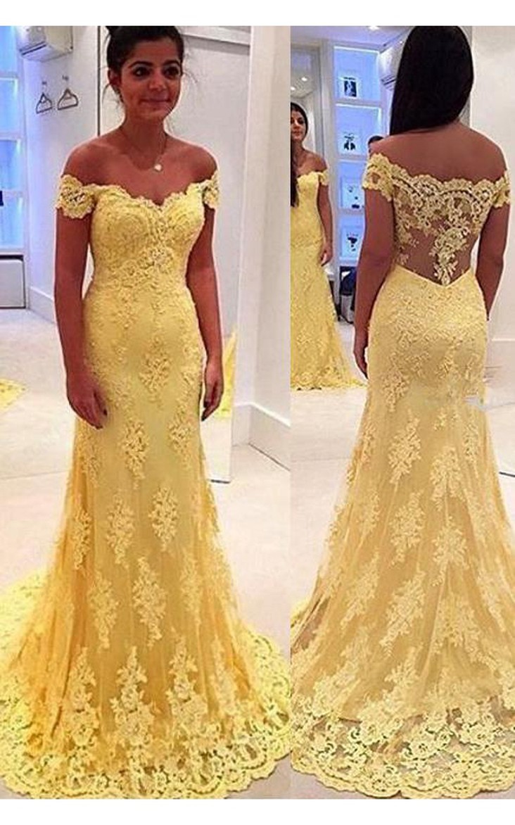 Appliqued Fishtail Off-The-Shoulder Yellow Modern Gown