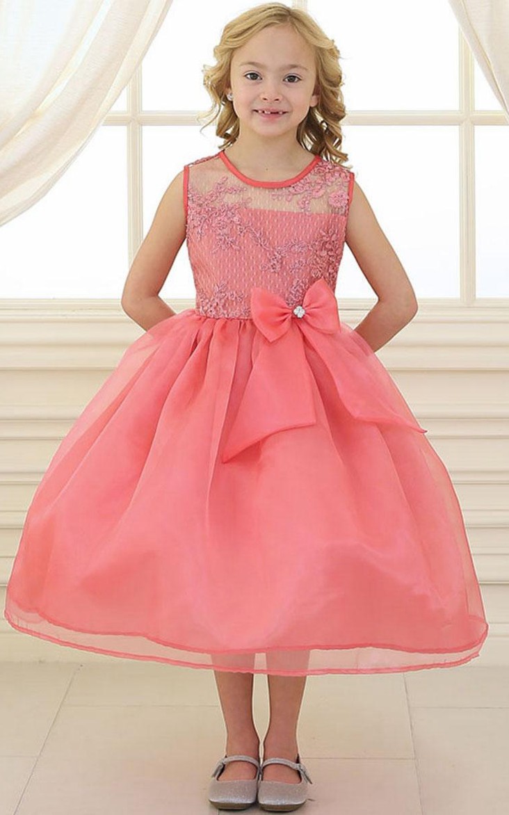 Lace Illusion Bowknot 3-4-Length Flower Girl Dress