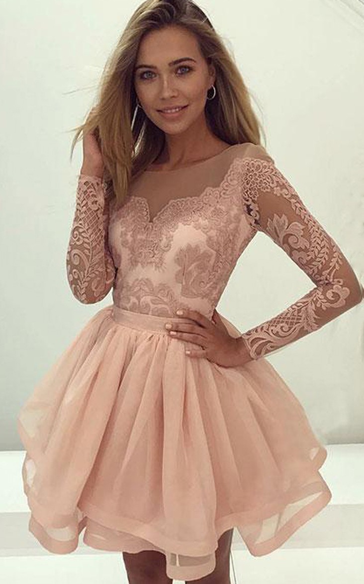 Jewel Lace Tulle Long Sleeve Short A Line Homecoming Dress with Tiers