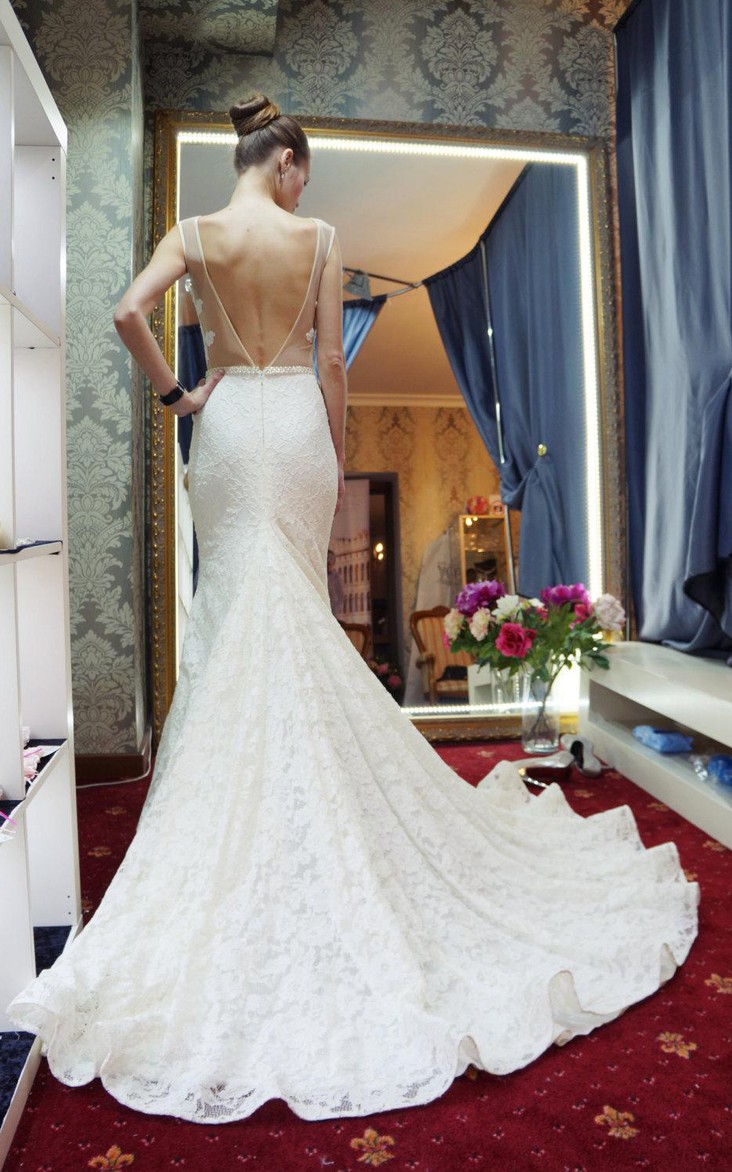 Wedding Rhinestone Floor-Length Tail Mermaid Jewel-Neckline Gown