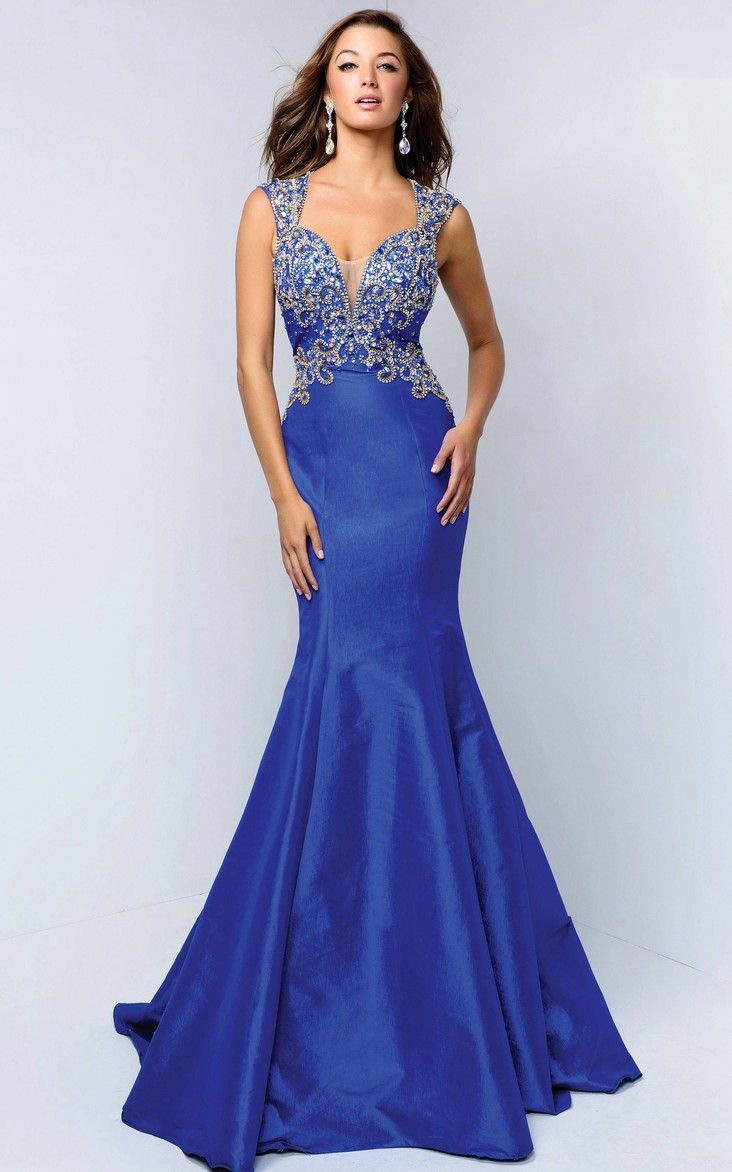 Trumpet Jeweled Long Queen-Anne Backless Satin Dress