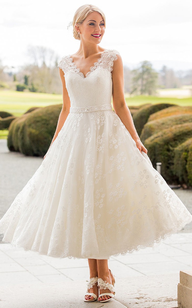 V-neck Lace Tea-length A-line Wedding Dress With Illusion back