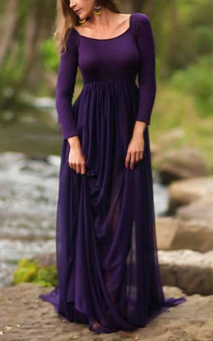 Square-neck Long Sleeve Floor-length draped Dress With Sweep Train