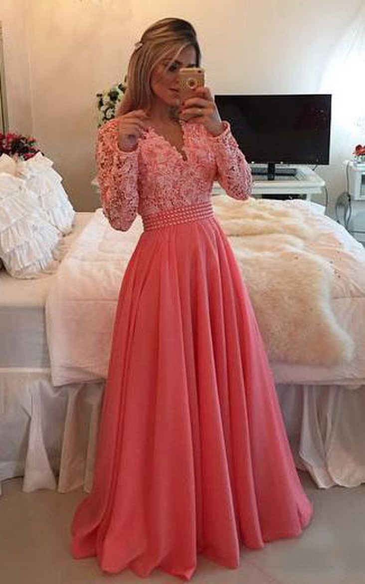 Beaded Lace V-Neckline A-Line Chiffon Dress