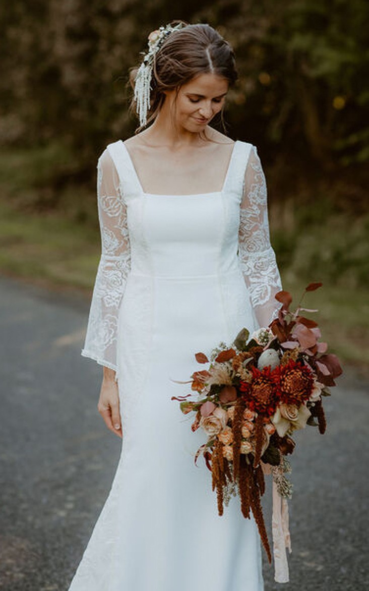 Bohemian Sheath Lace 3/4 Length Sleeve Floor-length Button Wedding Dress with Appliques