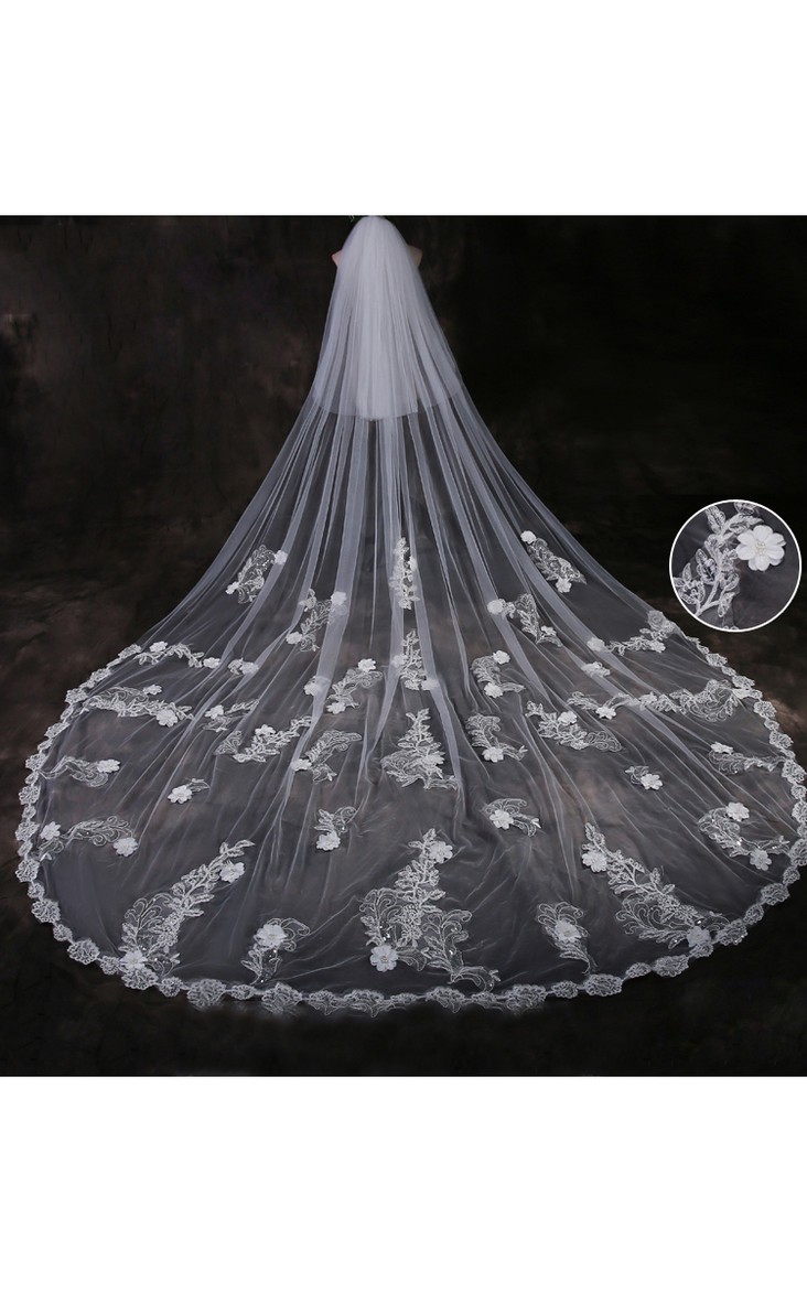 Ethereal Cathedral Tulle Wedding Veil with Lace Edge and Flower Appliques