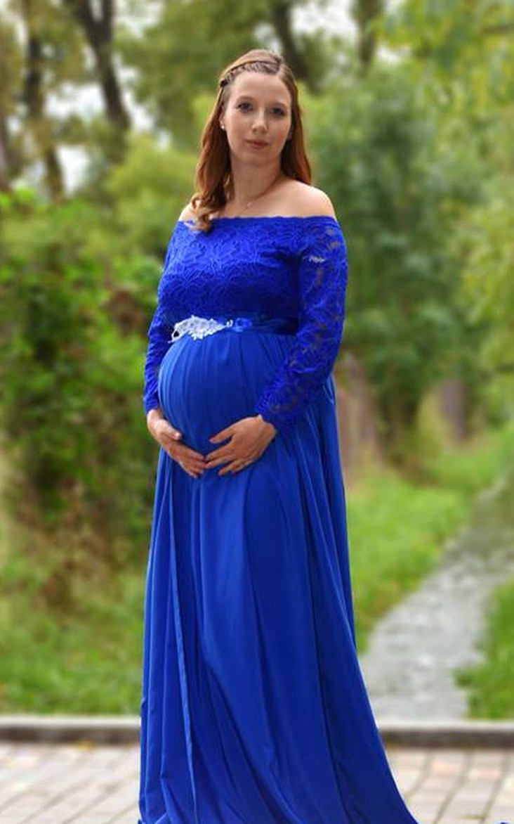 Bateau Long Sleeve Appliqued Bandage Lace Maternity Dress