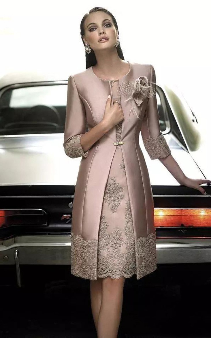 A-line 3-4 Length Sleeve Knee-length Jewel Satin Mother of the Bride Dress with Zipper Back
