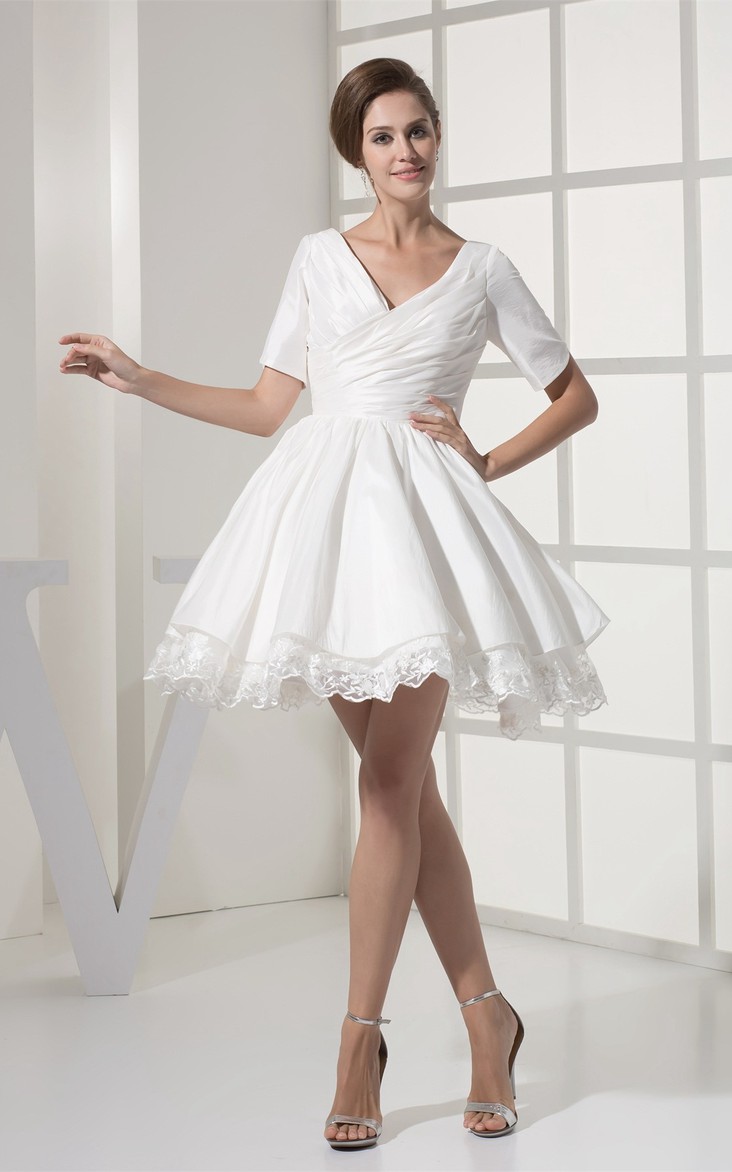 Criss-Cross Appliqued V-Neckline Short-Sleeve Mini Dress