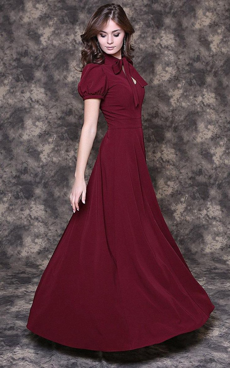 bowed neck Short Sleeve Floor-length Dress