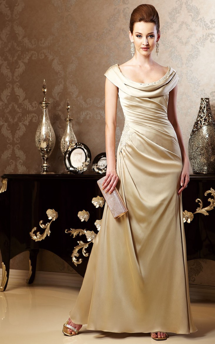 cowl-neck Satin side-ruched Mother of the Bride Dress With Zipper