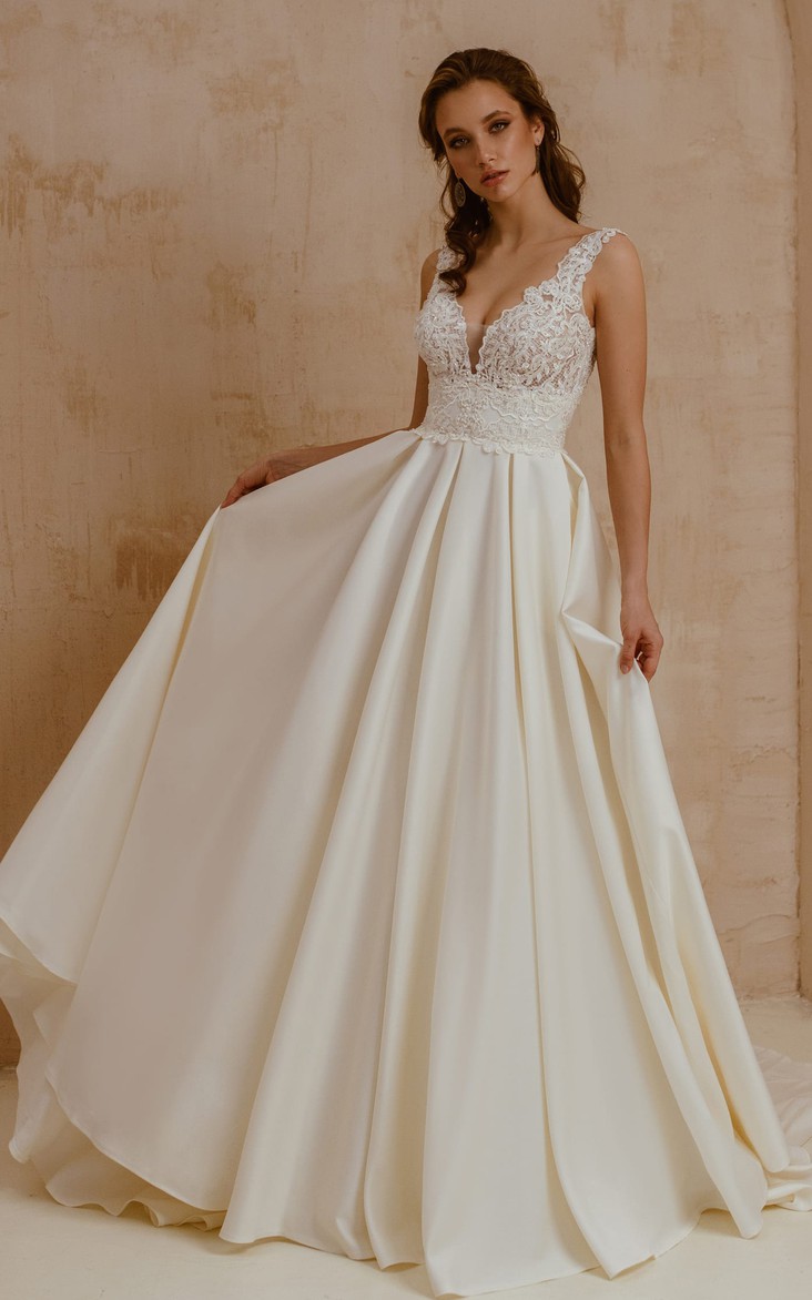 Elegant Modern Short Sleeve A Line Satin Lace V-neck Wedding Dress with Pleats