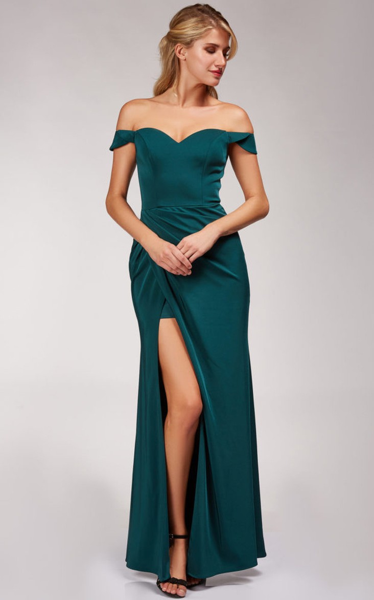 Elegant Satin Off-the-shoulder A Line Short Sleeve Floor-length Formal Dress with Split Front