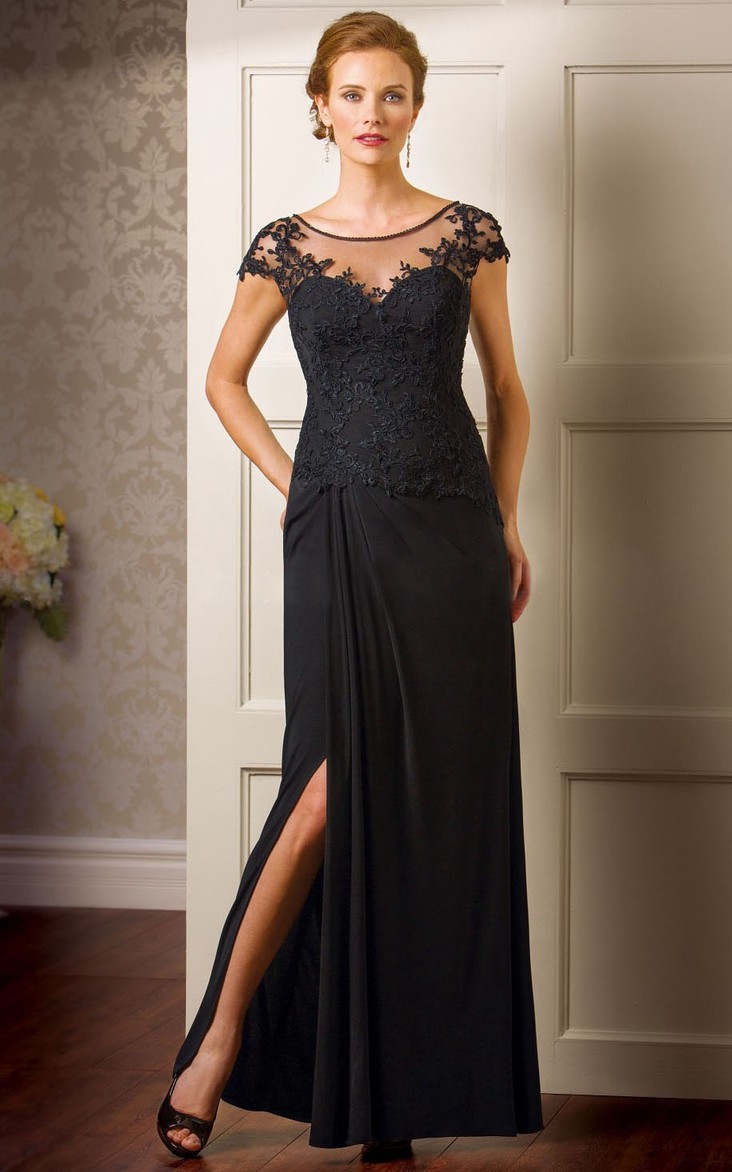 Scoop-neck Cap-sleeve Chiffon Dress With Lace And Split Front
