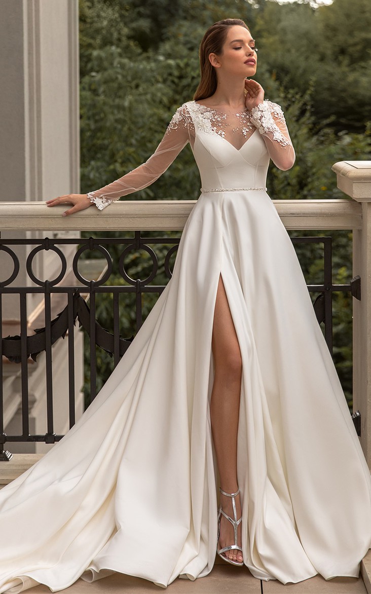 V-neck Charming A Line Satin Chapel Train Wedding Dress with Split Front