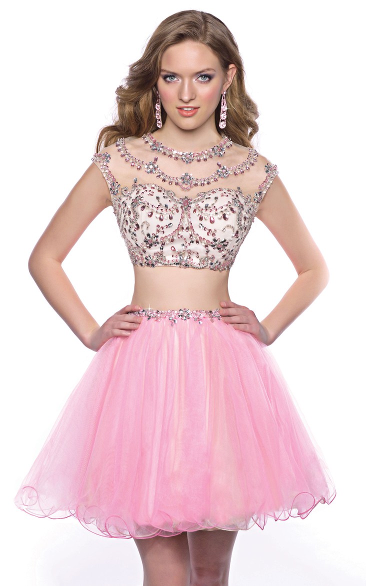 Cap-Sleeve Tulle Skirt Jeweled Top 2-Piece Mini Homecoming Dress