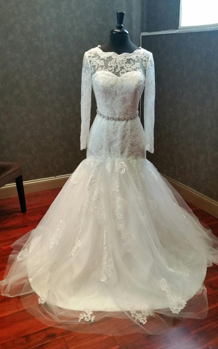 Bateau Long Sleeve Tulle Mermaid Wedding Dress With Appliques And Jeweled Waist