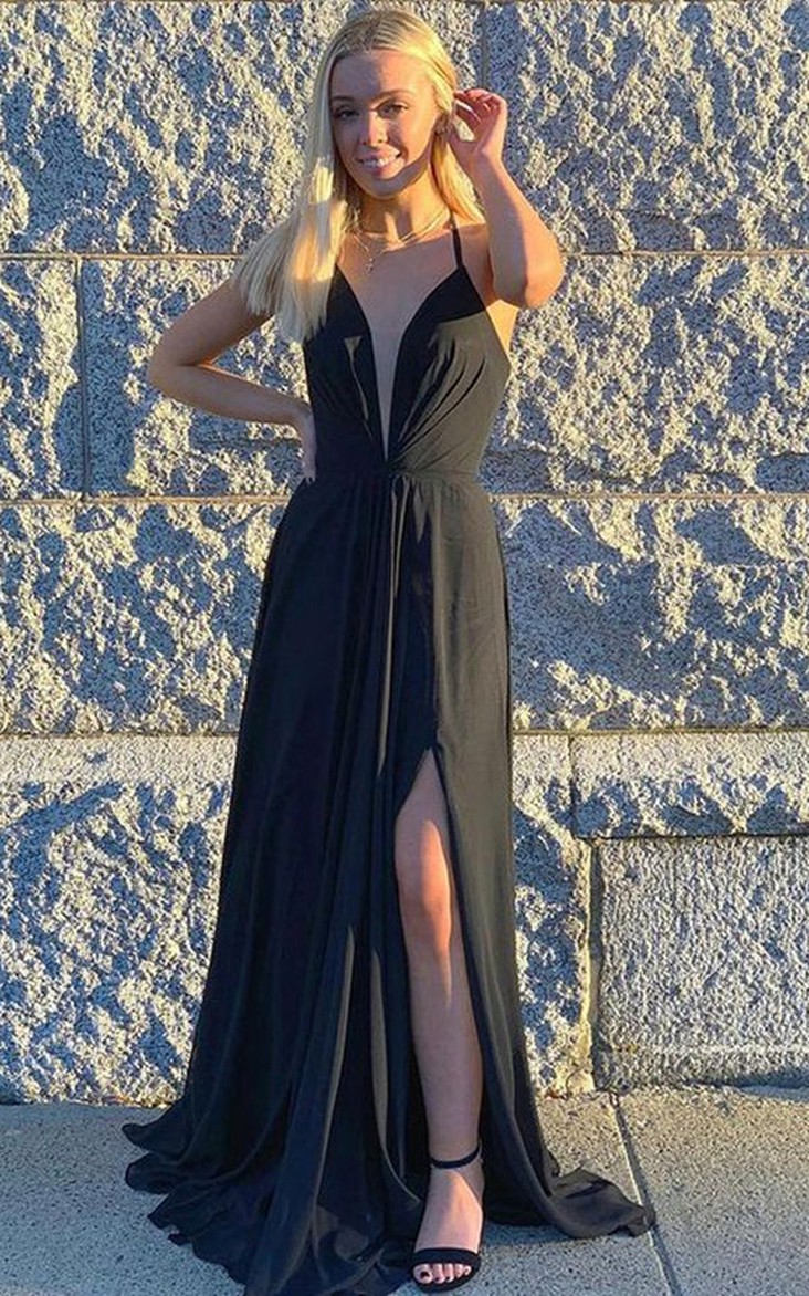 Sexy A Line Plunging Neckline Floor-length Sleeveless Jersey Prom Dress with Split Front