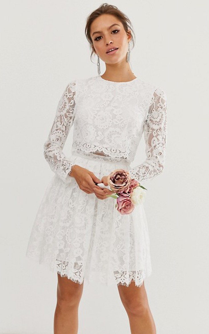 Casual Lace Two Piece Jewel-neck Short Wedding Dress