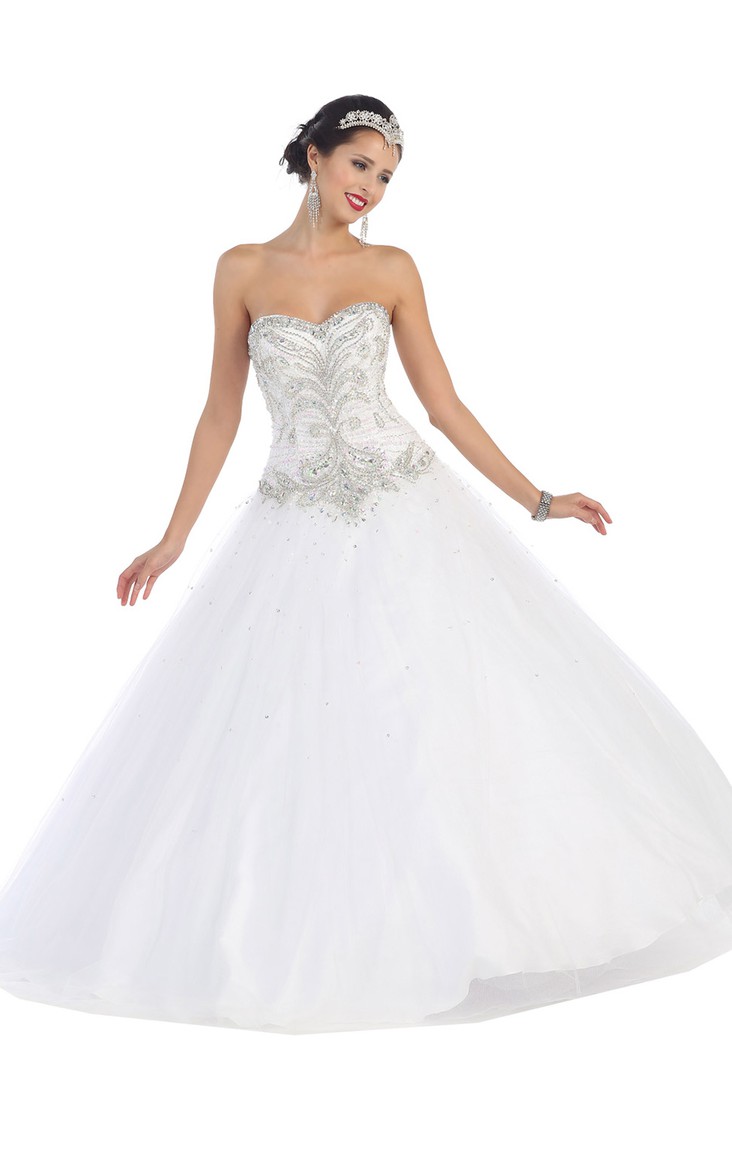 Full-Length Lace-Up-Back Jeweled Sweetheart Strapless Tulle Sleeveless Satin Ball Gown