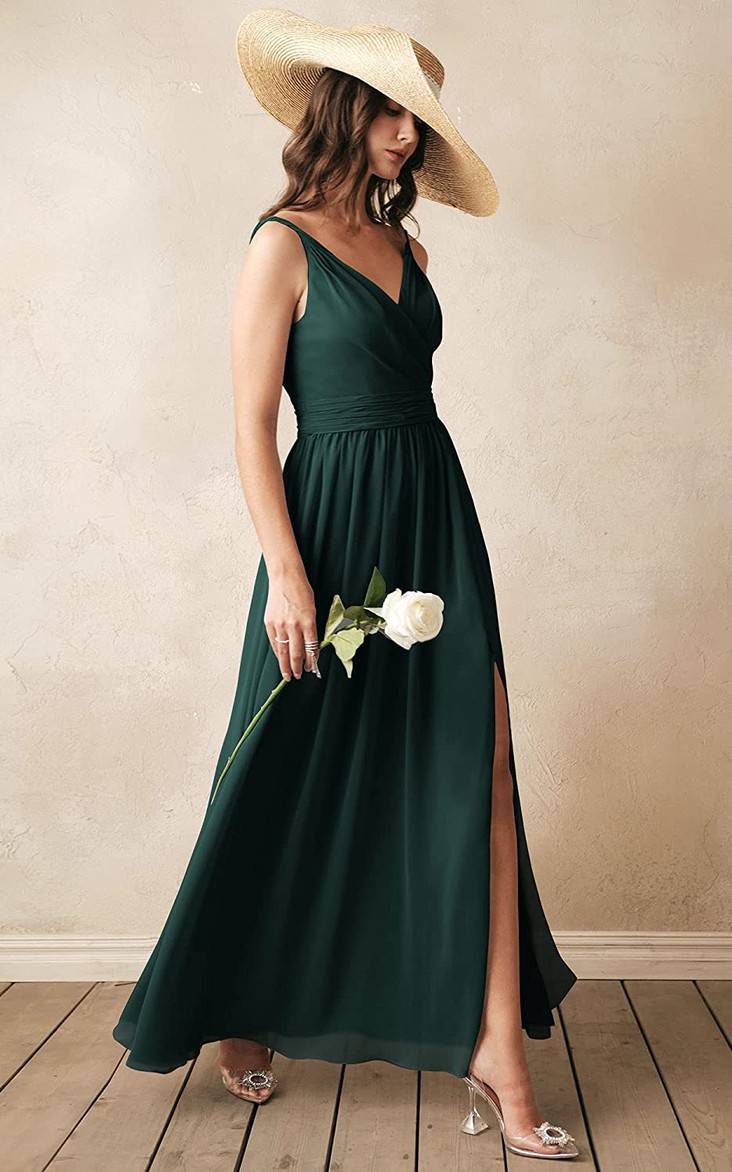 Sexy A Line Chiffon V-neck Ankle-length Bridesmaid Dress With Ruching