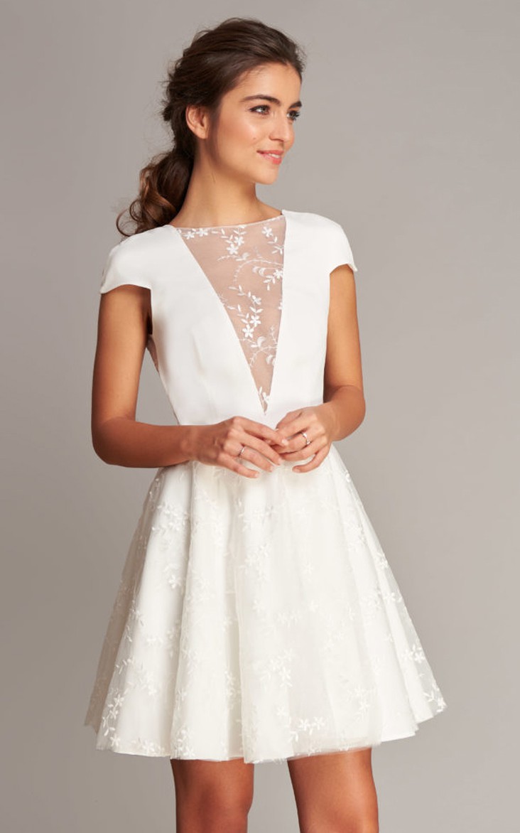 Casual Short Sleeve A Line Satin Lace Jewel Neck Short Wedding Dress with V Back