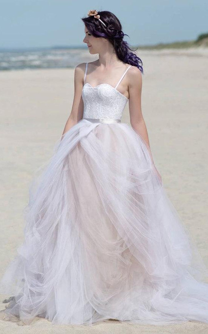 Spaghetti-strap Tulle A-line draped Dress With Lace top And Corset Back