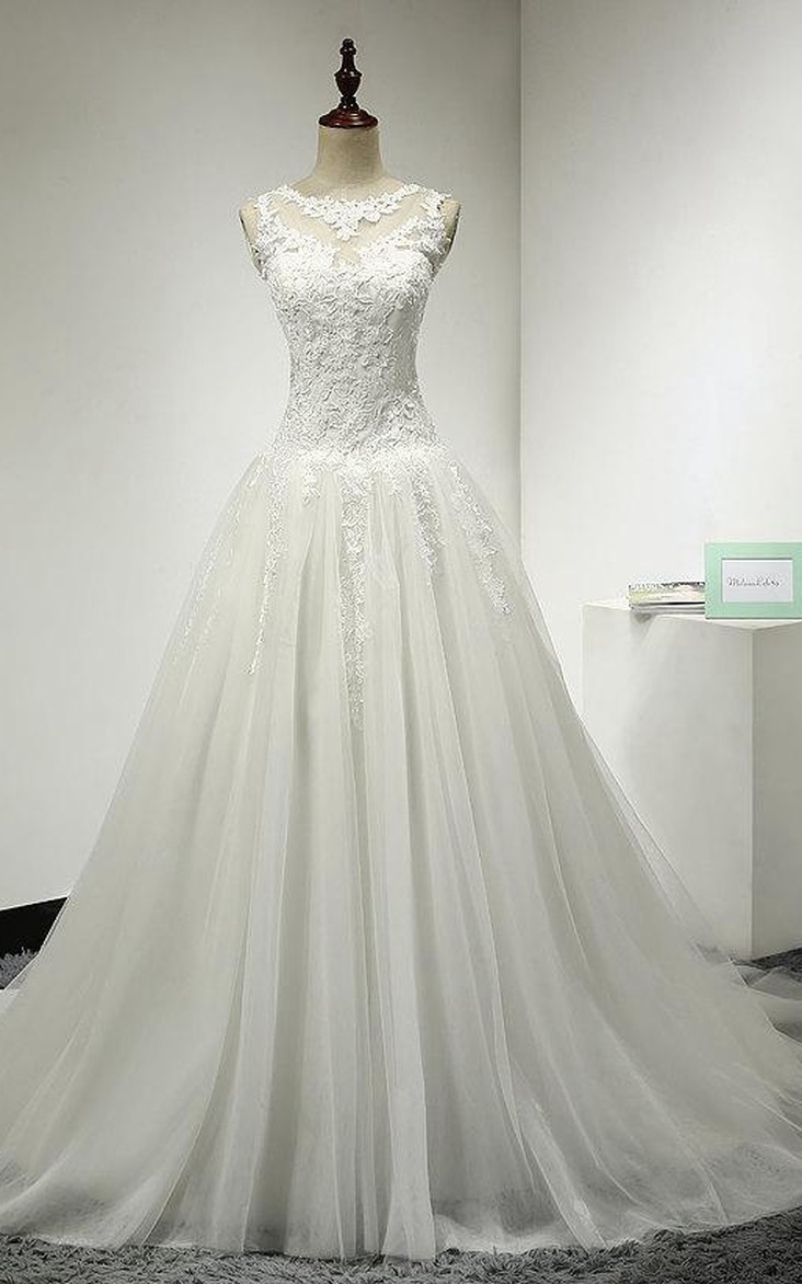 Bridal Lace Top Dropped Waist Tulle A-Line Gown