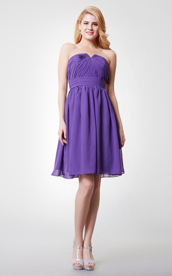 Strapless Ruched Short A-line Chiffon Dress With V-cut