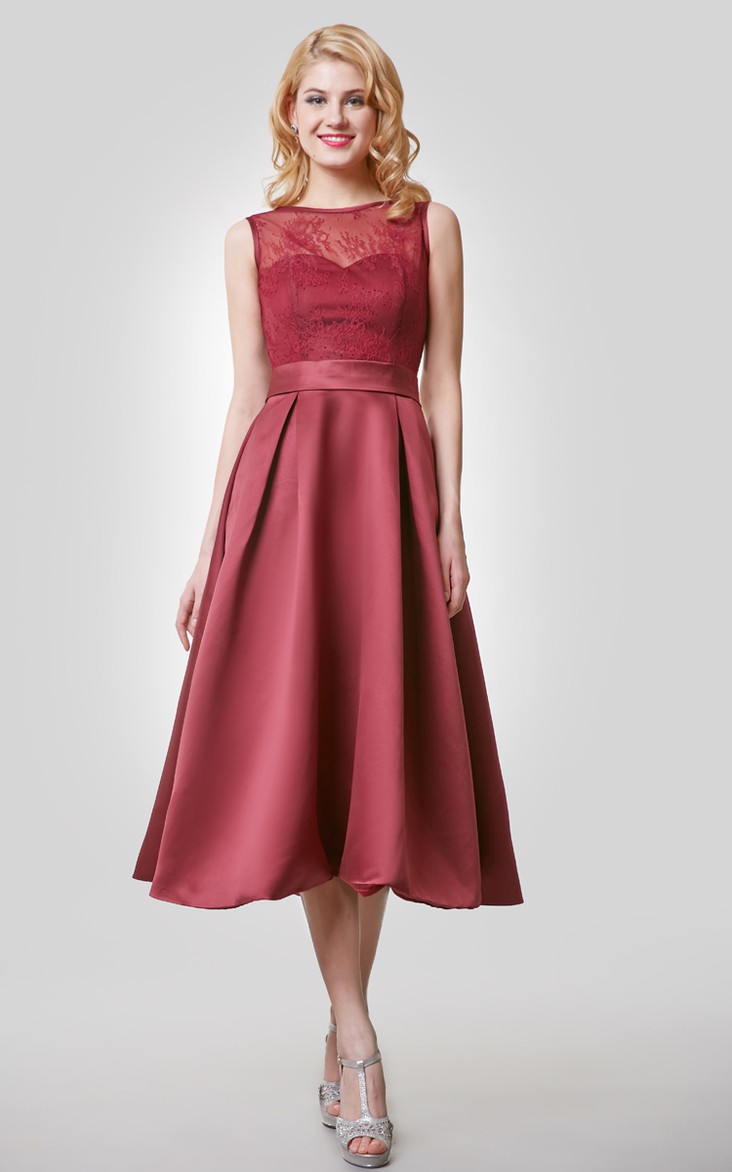 Lace Top Scoop Neckline A-Line 3-4-Length Dress